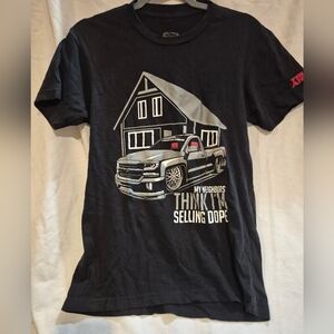 Truckin Around Black Graphic Tee with Car and House Design